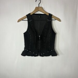 Wild Fable Top Women Sz XS Black Denim Studded Zip Front V-Neck Vest Peplum Hem